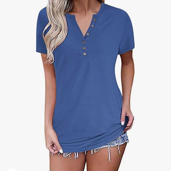 Misfay Tops - MISFAY Short Sleeve Henley Shirt in Blue
